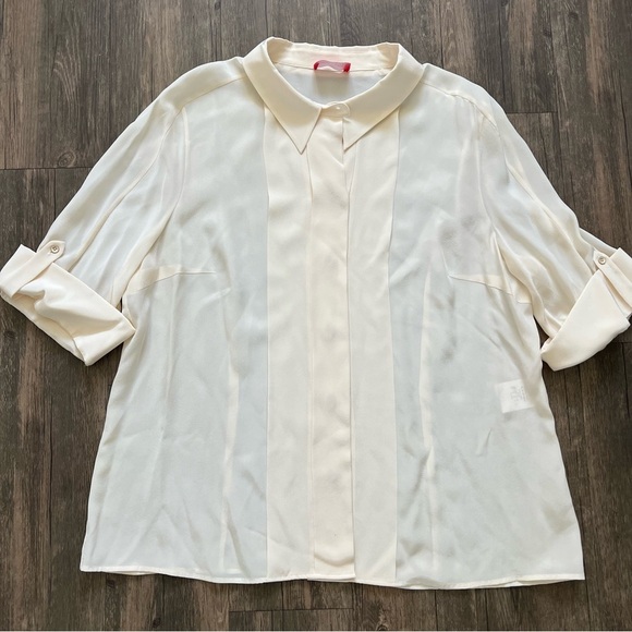 Rena Lange Ivory Silk Pleated Long Sleeve Loose Fit Button Up Blouse Top Size 16 - Picture 6 of 12